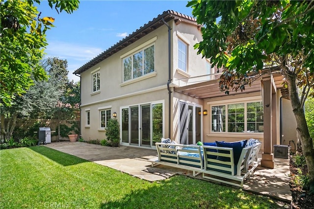 32 Tesoro, Irvine, CA 92618 - rear view of house with a patio, stucco siding, an outdoor living space, and a pergola