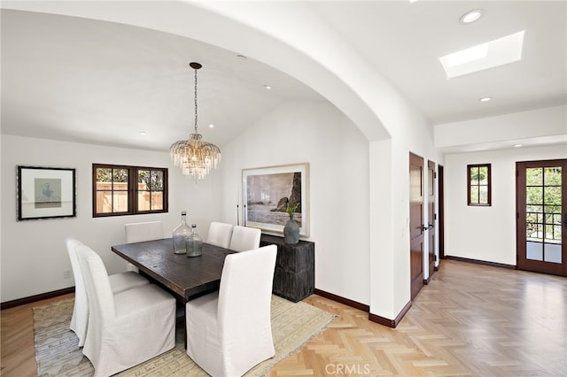 750 Manzanita Dr, Laguna Beach, CA 92651 - dining area featuring recessed lighting, arched walkways, lofted ceiling, a skylight, and a chandelier