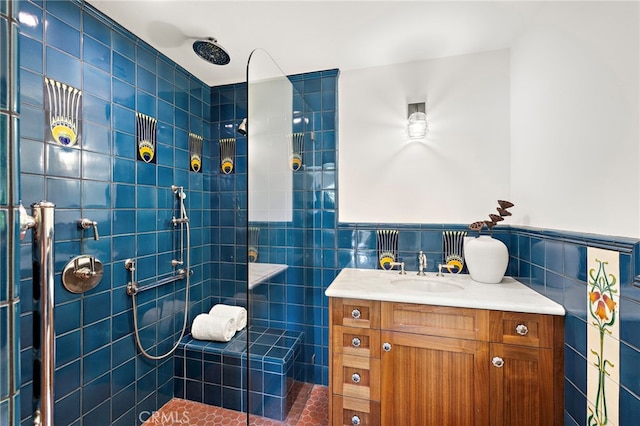 750 Manzanita Dr, Laguna Beach, CA 92651 - full bathroom with vanity, tiled shower, tile walls, and wainscoting