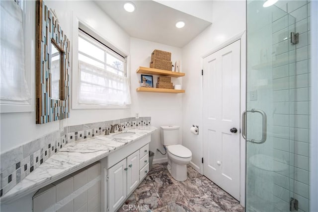 1733 Bayou Way, Seal Beach, CA 90740 - full bath featuring a shower stall, vanity, marble look tile flooring, and recessed lighting