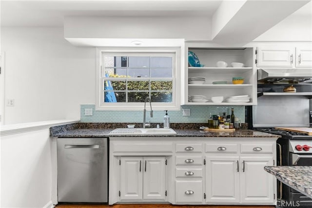 1733 Bayou Way, Seal Beach, CA 90740 - kitchen with appliances with stainless steel finishes, white cabinets, dark stone countertops, backsplash, and ventilation hood