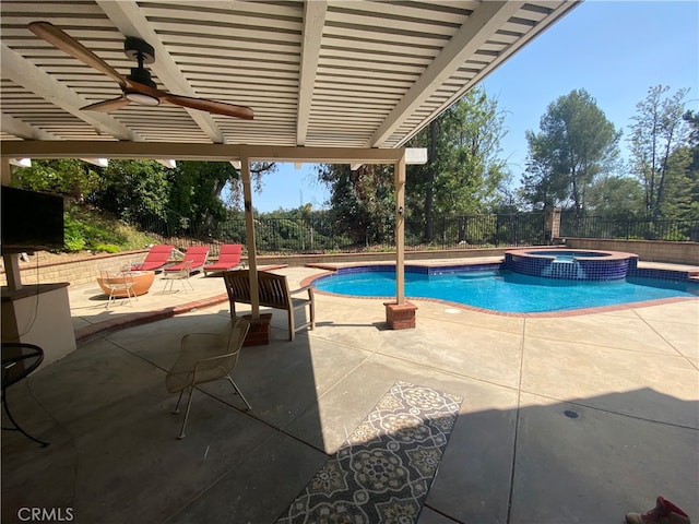 2304 Trickling Creek Dr, La Verne, CA 91750 - view of pool featuring a fenced backyard, a ceiling fan, a patio area, and a pool with connected hot tub