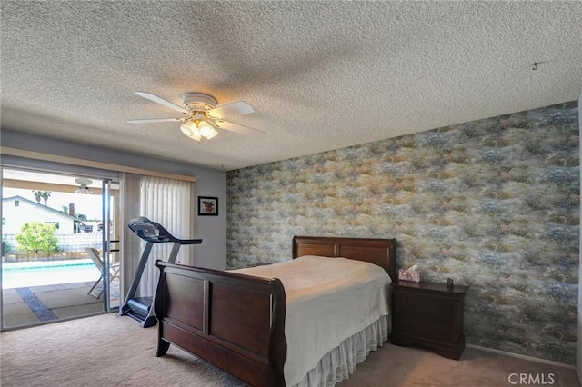 872 Deborah St, Upland, CA 91784 - carpeted bedroom featuring access to exterior, a textured ceiling, and ceiling fan