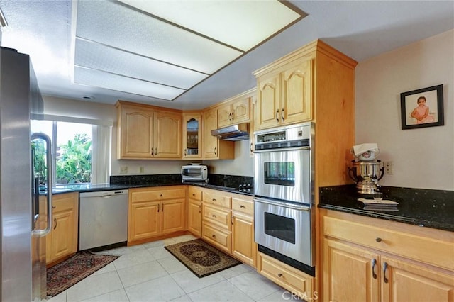 872 Deborah St, Upland, CA 91784 - kitchen with stainless steel appliances, light brown cabinets, under cabinet range hood, and light tile patterned floors
