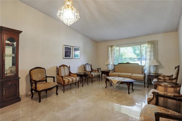 872 Deborah St, Upland, CA 91784 - living area with vaulted ceiling, a chandelier, and a textured ceiling