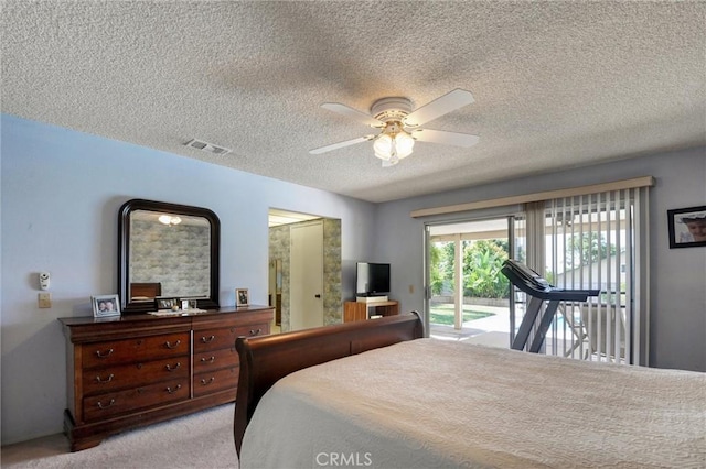872 Deborah St, Upland, CA 91784 - bedroom featuring access to exterior, a textured ceiling, light colored carpet, and ceiling fan