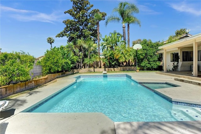 872 Deborah St, Upland, CA 91784 - view of pool featuring a fenced backyard, a patio area, and a pool with connected hot tub
