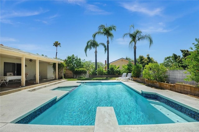 872 Deborah St, Upland, CA 91784 - view of swimming pool with a fenced backyard, a patio area, ceiling fan, and a pool with connected hot tub