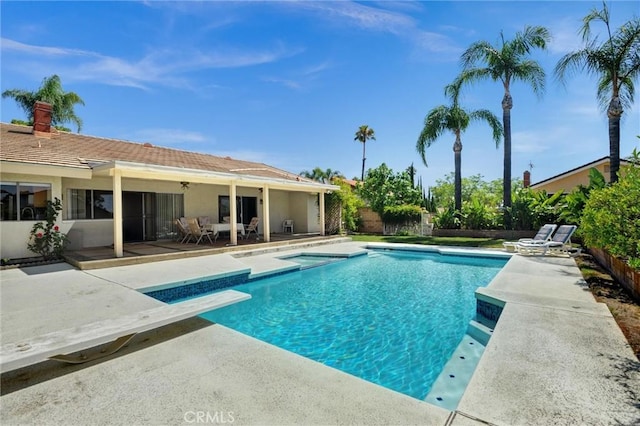 872 Deborah St, Upland, CA 91784 - outdoor pool with a patio, a fenced backyard, a diving board, and a ceiling fan
