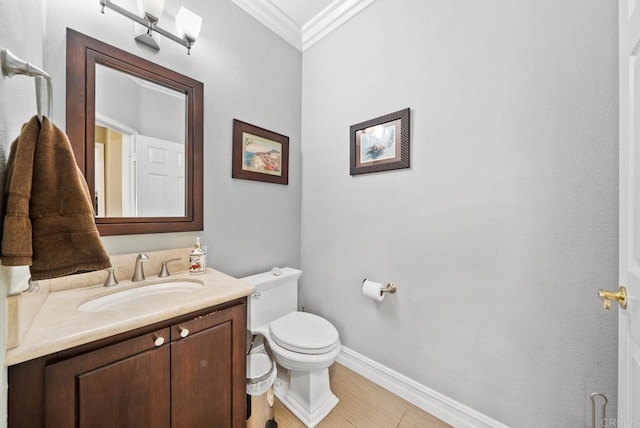 9141 Meadowrun Ct, San Diego, CA 92129 - half bath with ornamental molding, vanity, and wood finished floors