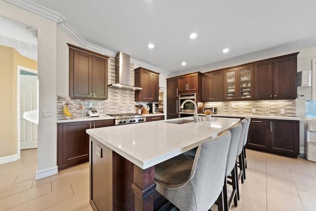 9141 Meadowrun Ct, San Diego, CA 92129 - kitchen featuring wall chimney exhaust hood, crown molding, light countertops, backsplash, and recessed lighting