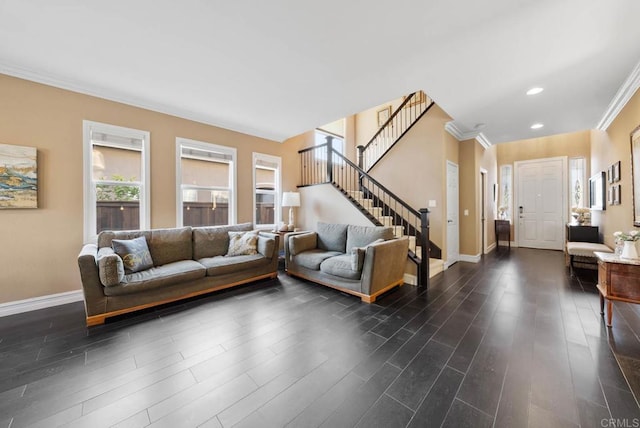 9141 Meadowrun Ct, San Diego, CA 92129 - living area featuring dark wood-style floors, stairway, ornamental molding, and recessed lighting