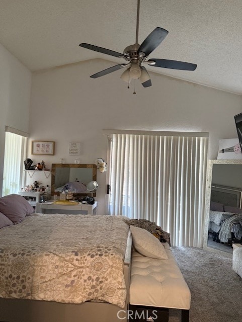 12446 Mount Baldy Dr, Victorville, CA 92392 - bedroom with carpet, ceiling fan, a textured ceiling, and high vaulted ceiling