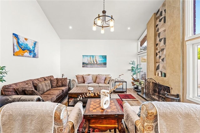 2040 Cape Cod Ct, Claremont, CA 91711 - living area featuring a chandelier, wood finished floors, lofted ceiling, and recessed lighting