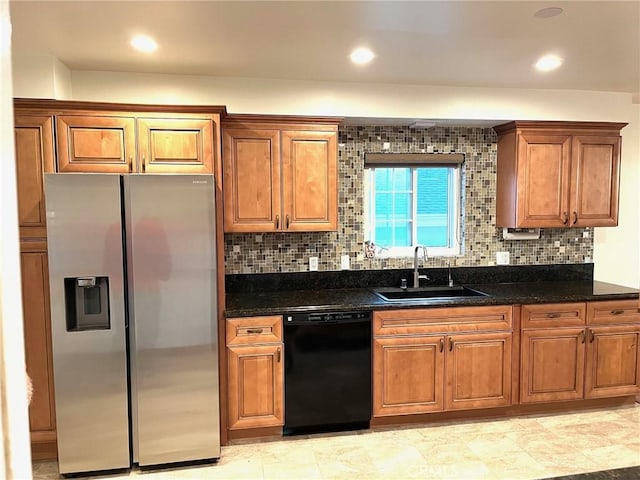 8049 Le Berthon St, Sunland, CA 91040 - kitchen with stainless steel fridge, dishwasher, brown cabinets, backsplash, and recessed lighting