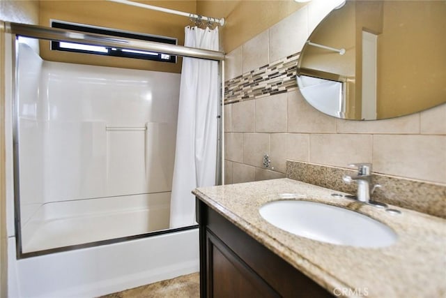 8458 Evergreen, Garden Grove, CA 92841 - bathroom with backsplash, shower / bath combo, vanity, and tile walls