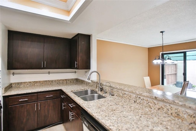 8458 Evergreen, Garden Grove, CA 92841 - kitchen with ornamental molding, dark brown cabinets, pendant lighting, and light stone countertops