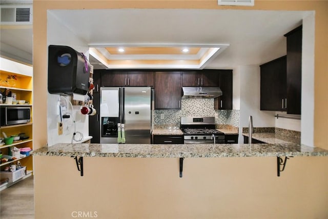 8458 Evergreen, Garden Grove, CA 92841 - kitchen featuring stainless steel appliances, a tray ceiling, under cabinet range hood, a peninsula, and light stone counters
