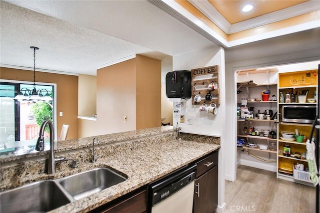 8458 Evergreen, Garden Grove, CA 92841 - kitchen featuring white dishwasher, stainless steel microwave, crown molding, light wood-type flooring, and a chandelier