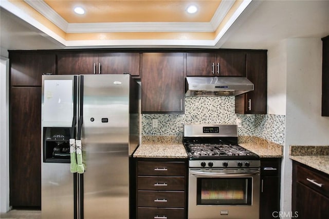 8458 Evergreen, Garden Grove, CA 92841 - kitchen with stainless steel appliances, extractor fan, crown molding, dark brown cabinetry, and recessed lighting