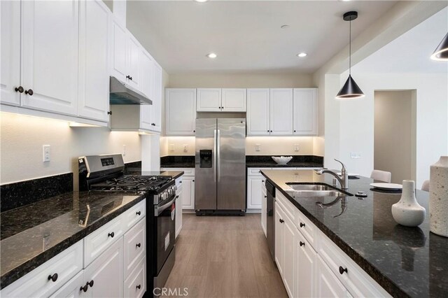 30316 Slate St, Murrieta, CA 92563 - kitchen featuring appliances with stainless steel finishes, under cabinet range hood, white cabinetry, light wood finished floors, and recessed lighting