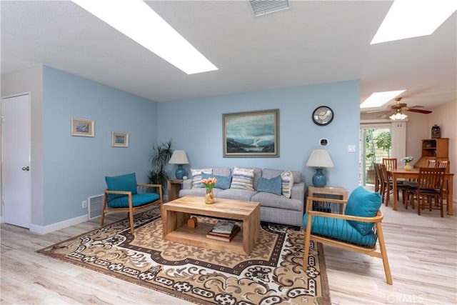 10262 Circulo De Juarez, Fountain Valley, CA 92708 - living area featuring a skylight, light wood finished floors, and a ceiling fan