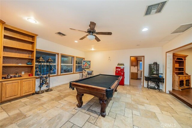 533 Via Vista Dr, Redlands, CA 92373 - game room featuring stone tile flooring, a ceiling fan, billiards table, and recessed lighting