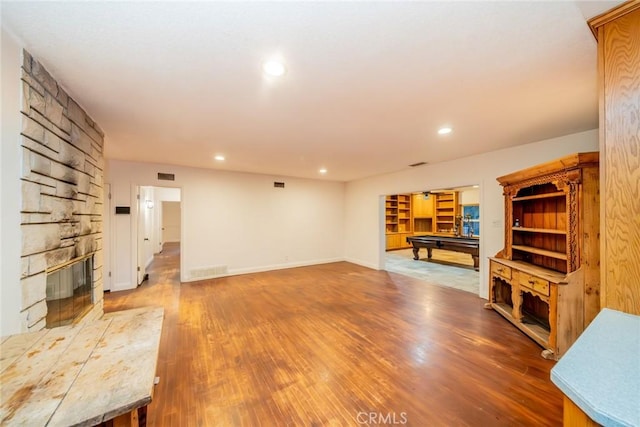 533 Via Vista Dr, Redlands, CA 92373 - unfurnished living room with a fireplace, recessed lighting, wood finished floors, and pool table