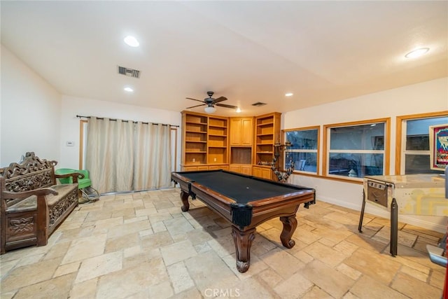 533 Via Vista Dr, Redlands, CA 92373 - playroom featuring stone tile floors, ceiling fan, recessed lighting, and billiards