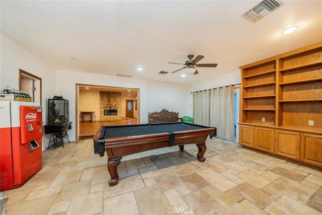 533 Via Vista Dr, Redlands, CA 92373 - game room featuring a ceiling fan, stone tile floors, billiards table, recessed lighting, and a fireplace