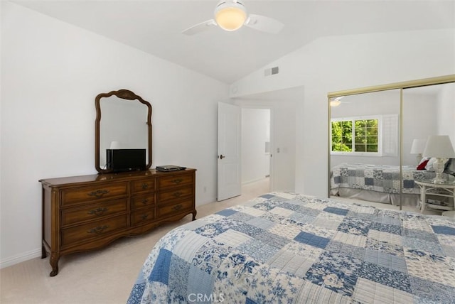 2303 Paseo Circulo, Tustin, CA 92782 - bedroom with lofted ceiling, light colored carpet, ceiling fan, and a closet
