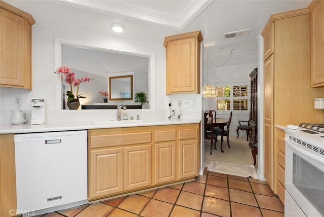 2303 Paseo Circulo, Tustin, CA 92782 - kitchen featuring white appliances, light brown cabinetry, crown molding, light countertops, and light tile patterned floors