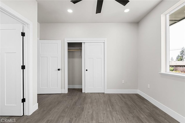 6388 Oak Rd, Paradise, CA 95969 - unfurnished bedroom with a closet, wood finished floors, ceiling fan, and recessed lighting