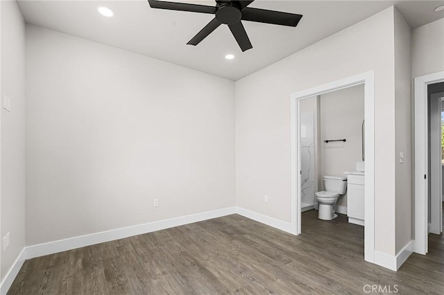 6388 Oak Rd, Paradise, CA 95969 - unfurnished bedroom featuring wood finished floors, recessed lighting, connected bathroom, and ceiling fan