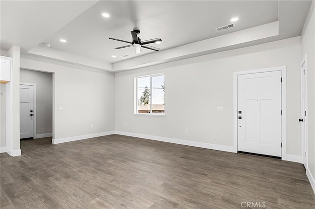 6388 Oak Rd, Paradise, CA 95969 - unfurnished living room with a raised ceiling, ceiling fan, dark wood finished floors, and recessed lighting