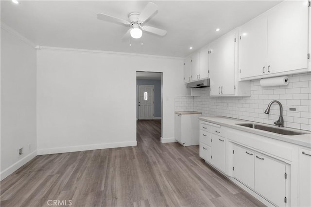 12007 163rd St, Norwalk, CA 90650 - kitchen with ceiling fan, under cabinet range hood, white cabinetry, ornamental molding, and decorative backsplash