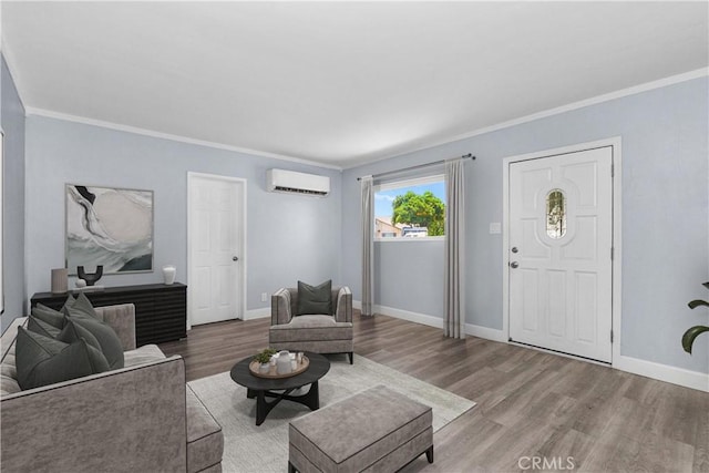 12007 163rd St, Norwalk, CA 90650 - living area with a wall mounted AC, wood finished floors, and ornamental molding