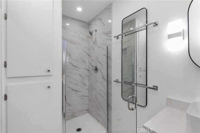 12007 163rd St, Norwalk, CA 90650 - full bathroom with a marble finish shower, recessed lighting, and vanity