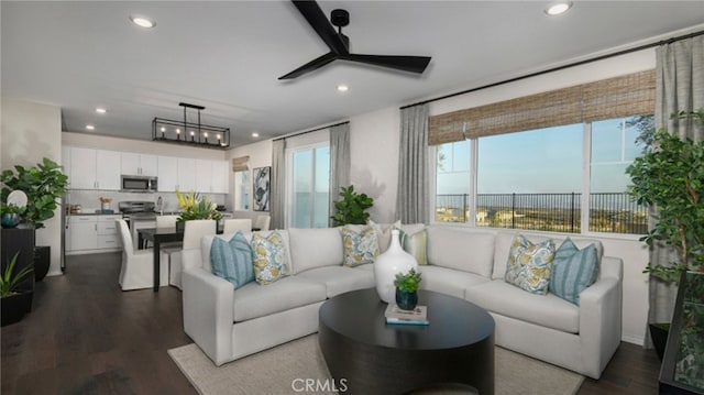 358 Fowler Way, Rialto, CA 92377 - living area with ceiling fan, dark wood-type flooring, and recessed lighting