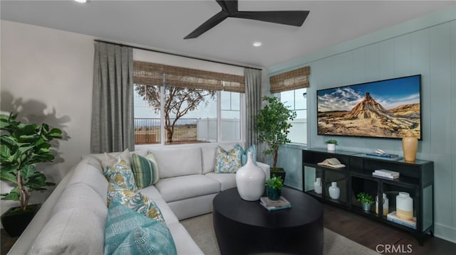 338 Fowler Way, Rialto, CA 92377 - living room with ceiling fan, recessed lighting, and wood finished floors