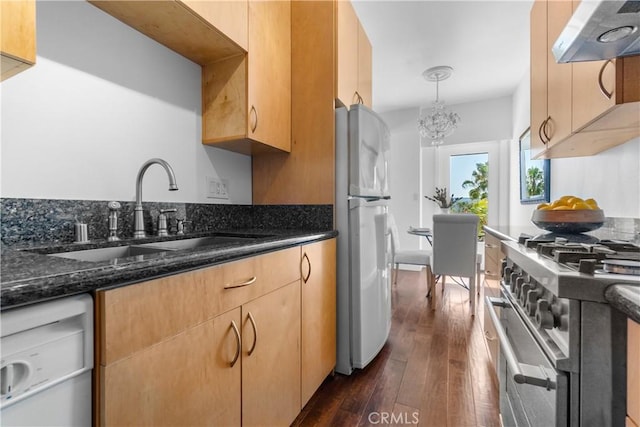 800 E Ocean Blvd Unit 201, Long Beach, CA 90802 - kitchen with range hood, freestanding refrigerator, high end stove, dishwasher, and dark wood-style floors