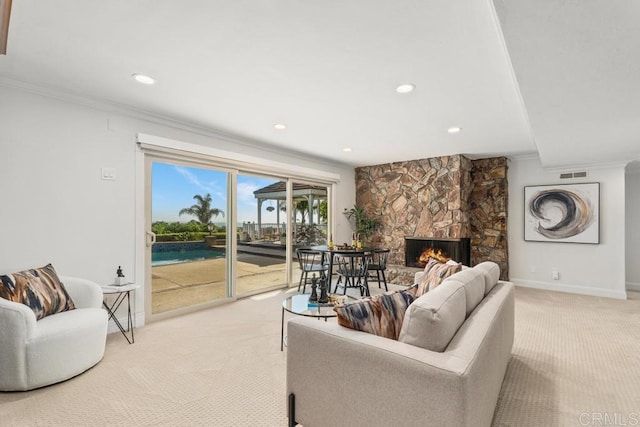 5946 Overlake Ave, Del Cerro, CA 92120 - living area featuring light carpet, a fireplace, ornamental molding, and recessed lighting