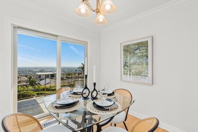 5946 Overlake Ave, Del Cerro, CA 92120 - dining area with a chandelier, wood finished floors, and ornamental molding