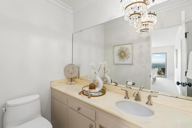 5946 Overlake Ave, Del Cerro, CA 92120 - half bathroom featuring a chandelier, vanity, and ornamental molding