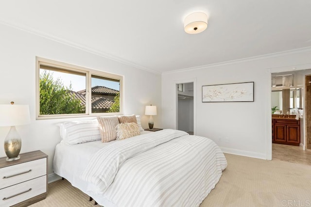 5946 Overlake Ave, Del Cerro, CA 92120 - bedroom featuring ornamental molding, light colored carpet, a closet, ensuite bathroom, and a walk in closet