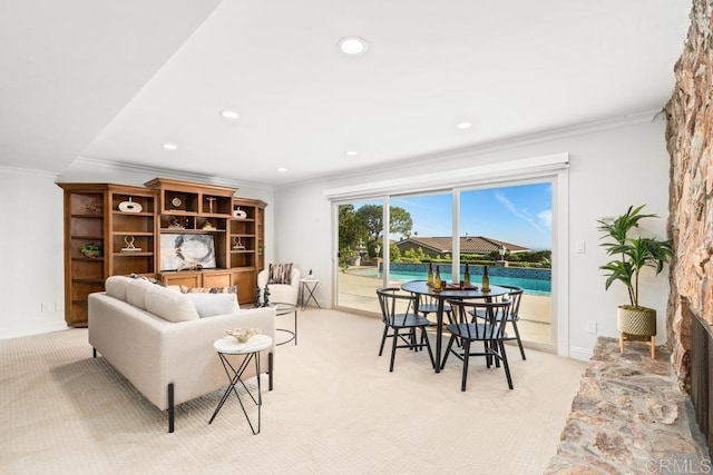 5946 Overlake Ave, Del Cerro, CA 92120 - living room featuring ornamental molding, light carpet, and recessed lighting
