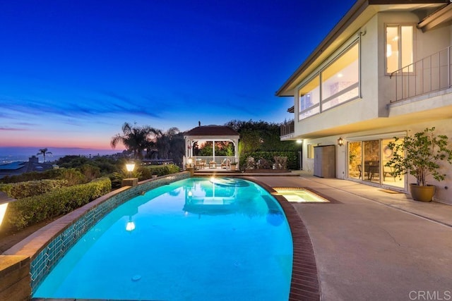 5946 Overlake Ave, Del Cerro, CA 92120 - pool at dusk with a gazebo, an outdoor pool, a patio, and an in-ground hot tub