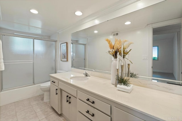 5946 Overlake Ave, Del Cerro, CA 92120 - bathroom featuring vanity, tile patterned flooring, shower / bath combination with glass door, crown molding, and recessed lighting
