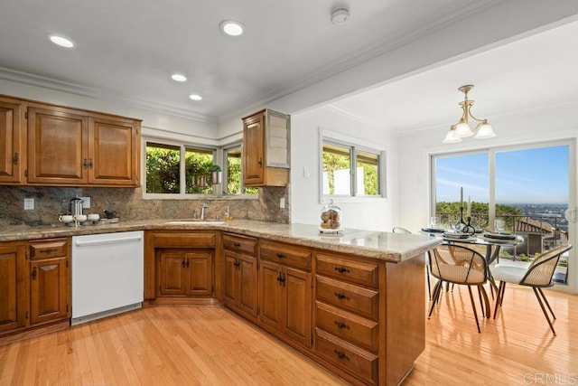 5946 Overlake Ave, Del Cerro, CA 92120 - kitchen with white dishwasher, brown cabinets, a peninsula, light wood finished floors, and crown molding