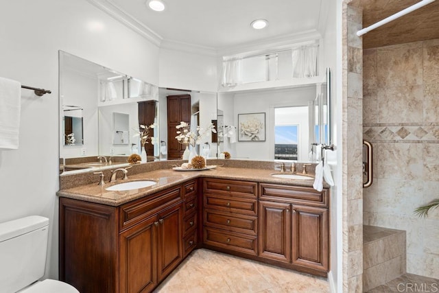 5946 Overlake Ave, Del Cerro, CA 92120 - bathroom with a stall shower, double vanity, crown molding, tile patterned flooring, and recessed lighting